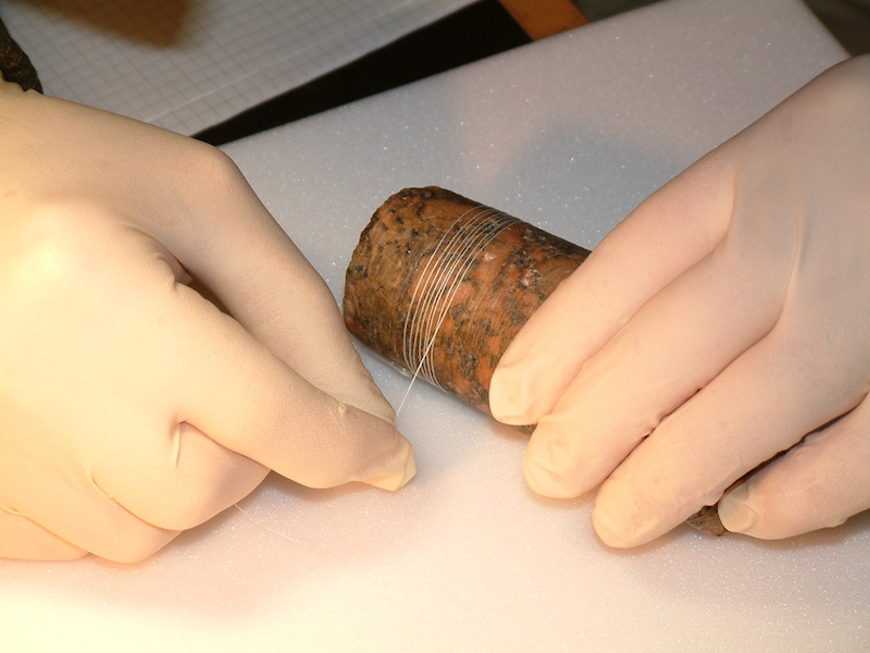 Figure 13 b. Core 7 with white cotton thread wrapped following a spiral groove